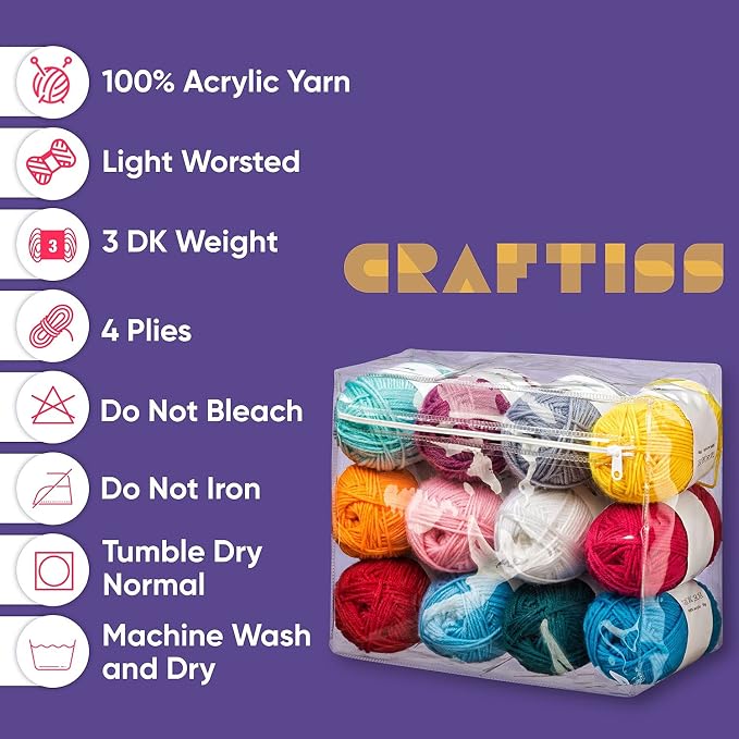 CRAFTISS 12x1.75 Oz Acrylic Yarn Skeins - 1300 Yards of Soft Yarn for Crocheting and Knitting Craft Project, Assorted Starter Crochet Bulk Kit for Adults and Kids