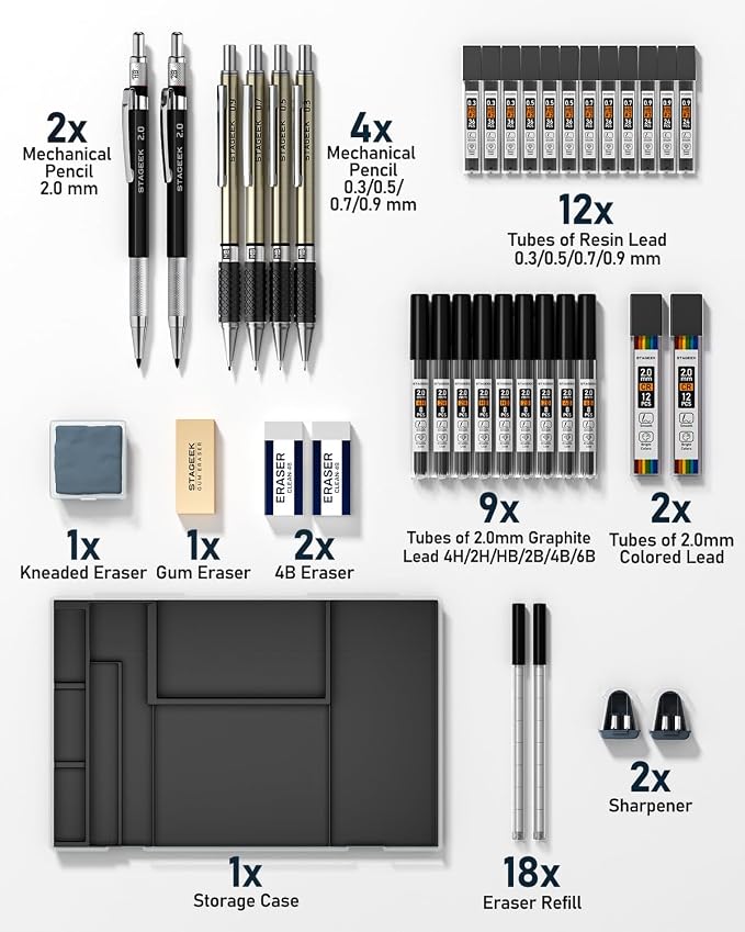 STAGEEK 37PCS Mechanical Pencil Set with Case, 0.3, 0.5, 0.7, 0.9 ＆2PCS 2mm | Drawing Pencils with 492PCS Lead Refills (6B 4B 2B HB 2H 4H Color), Erasers, Sharpeners, Artist Pencil for Sketching Drafting