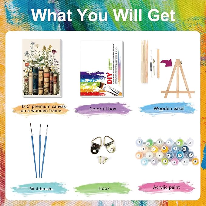 xackcme Book Paint by Numbers for Adults with Framed Canvas 8x12 inch | Flowers Paint by Number on Canvas, DIY Books Acrylic Oil Painting Kits with Wooden Easel Brushes for Home Wall Decor