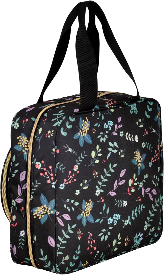 Portable Square Cross Stitch Starter Kits Bag Embroidery Project Bag Embroidery Tool Storage Tote Bag with Multifunctional Pockets, Bag Only (Black Leaves)