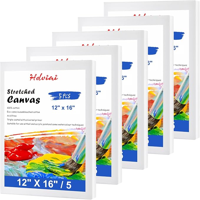 Stretched Canvas for Painting - 12x16 Inch/5 Canvas Value Pack - Triple Primer Acid Free 100% Cotton Blank Canvas for Painting Supplies Oil and Acrylic Pouring Art Watercolor