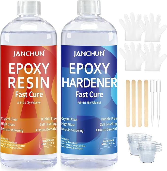 JANCHUN Crystal Clear Epoxy Resin Kit 16oz, Bubble-Free, Anti-Yellowing, Self Leveling Easy Mix 1:1 Coating and Casting Resin for Table Top, Molds, Tumbler Crafts, Painting, Jewelry, DIY Gifts