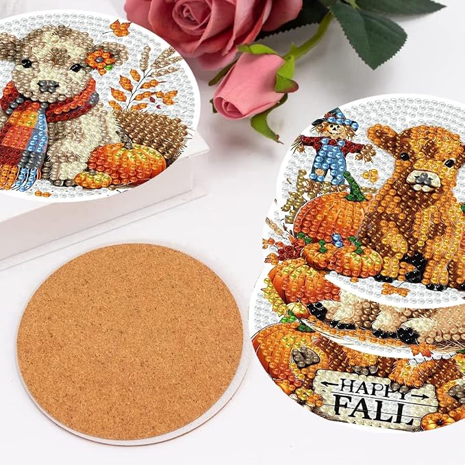 mrpwnle 8 Pcs Diamond Art Coasters Kits DIY Cow Diamond Painting Coasters