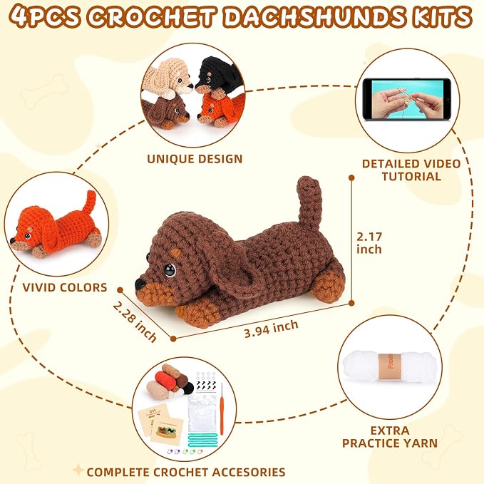 Crochet Kit for Beginners Adults, 4 PCS Dachshund Puppy Crochet Kits