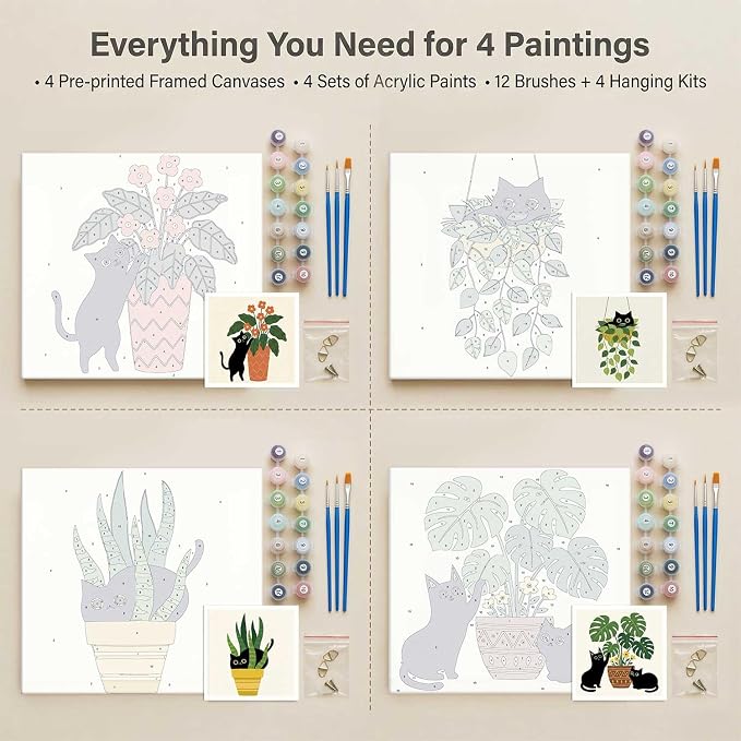 Amphol Framed Paint by Numbers Kit for Adults - 10x10 Inch Easy 4 Pack Potted Cat Framed Canvas Paint by Number for Beginners, DIY Acrylic Oil Painting Kits with Frame for Home Wall Decor Gift