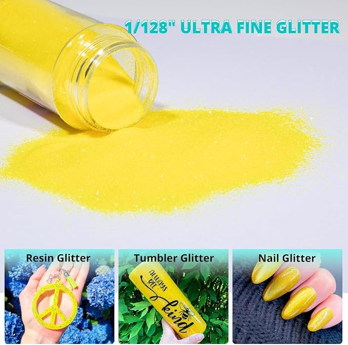 HTVRONT Yellow Glitter for Crafts and Arts- 1.7oz/50g Fine Glitter Powder | Craft Glitter for Resin, Jewelry, Keychains, Candle Making, Paint, Slime Add Ins, Cosmetic Glitter for Nail Face