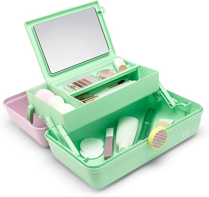 Caboodles On-The-Go Girl Makeup Storage Box 2-Pack, Two-Tone Pink/Light Blue and Lavender/Light Green, Hard Plastic Makeup Organizer Box, Built-In Mirror, Secure Latch for Safe Travel