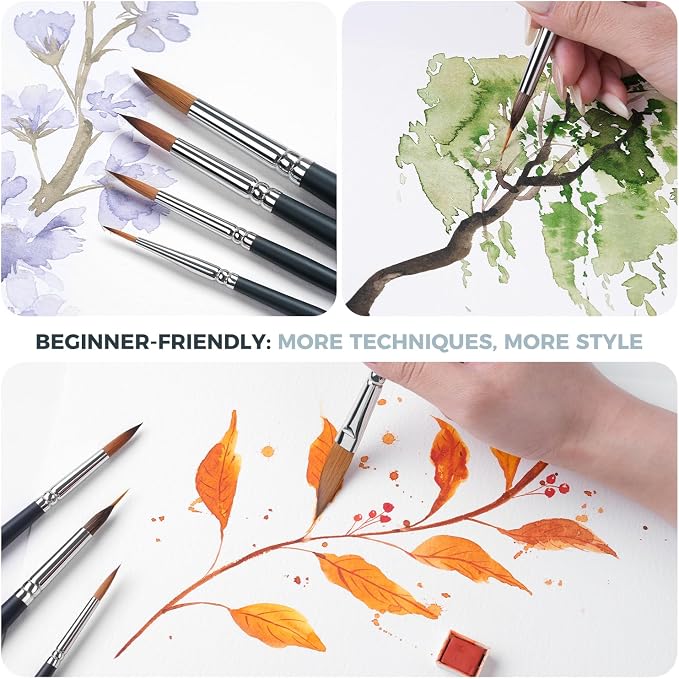 Fuumuui Watercolor Brush Set, 10Pcs Professional Soft Synthetic Hair Paint Brushes - Wide Flat, Dagger, Cat's Tongue, Extended Needle, Round, Grainer for Watercolor Gouache Inks Painting