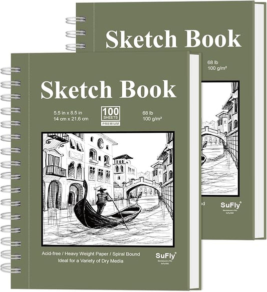SuFly Small Sketch Book 5.5"x8.5", 2-Pack Mini Sketchbook, Spiral Bound Sketchbook Hardcover with 200 Sheets of 68lb/100gsm Mini Drawing Pad Paper, Small Sketch Pads for Drawing for Adults & Kids.