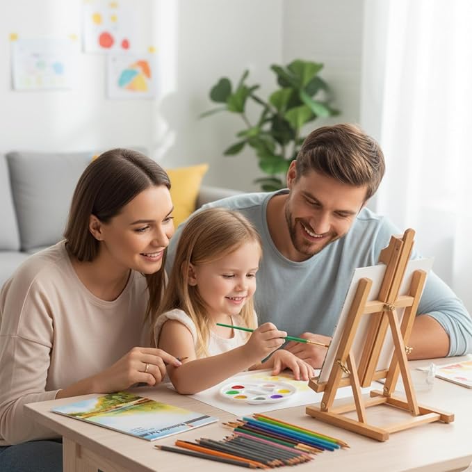 Falling in Art Kids Tabletop Easel Set, Portable Art Easel Painting Kits | 52 Pcs Wooden Easel for Painting Canvases, Including 12 Colors Acrylic Paints, 10 Paintbrushes and 4 Canvas Panels, Pink