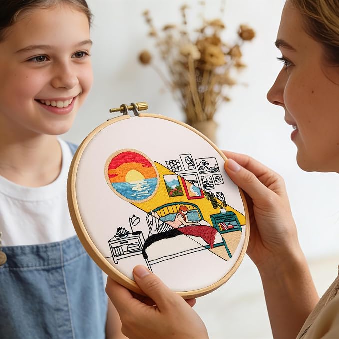 Embroidery Kits for Beginners Adults Sunrise Hand Embroidery Starter Kits, Cross Stitch Kits for Beginners DIY Craft Kits for Adults Women, Entire Set of Embroidery Supplies Full-length Video Tutorial