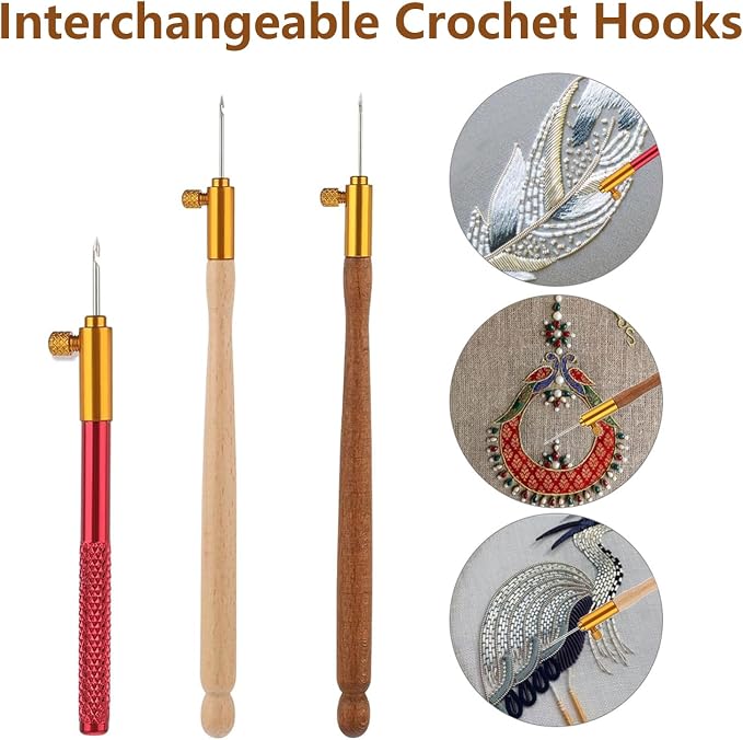 Kodrily 3Pcs Tambour Tools, Stainless Steel Wood Handle Embroidery Crochet Hooks with 9 Needles Tambour Hooks Kit, DIY French Tambour Hook Sewing Craft Tool for Sequin, Beading