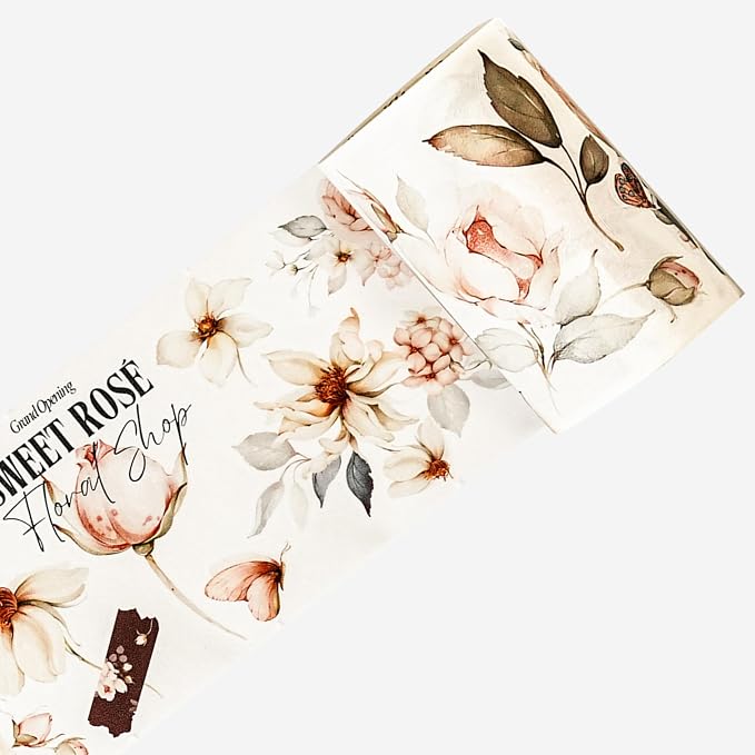 WT Pre-Cut Sweet Rosé Wide Washi Tape, Single Roll, Original Designs, Dreamy Rose Motifs & Subtle Handwritten Accents, Decorative Japanese Paper Tape for Journaling, Scrapbooking, Planner, DIY Crafts