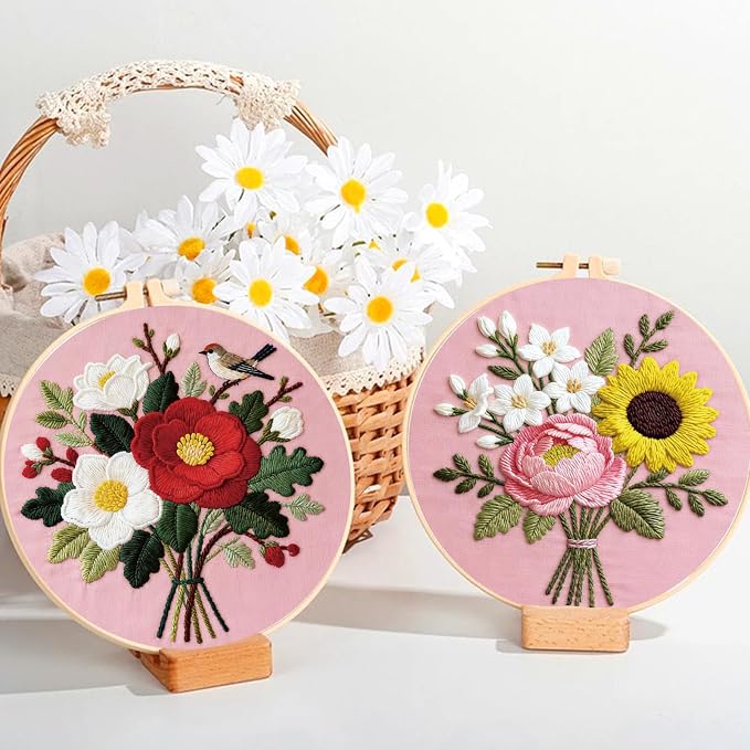 ORIGACH 6 Pack Flower Bouquet Embroidery Kits for Beginners, DIY Starter Hand Embroidery Kit with Sunflower Rose Lavender Patterns and Instructions for Adults Women Crafting