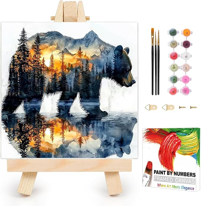 AUKELHJ Framed Paint by Numbers Kit for Adults, Bear, 10x10 inch
