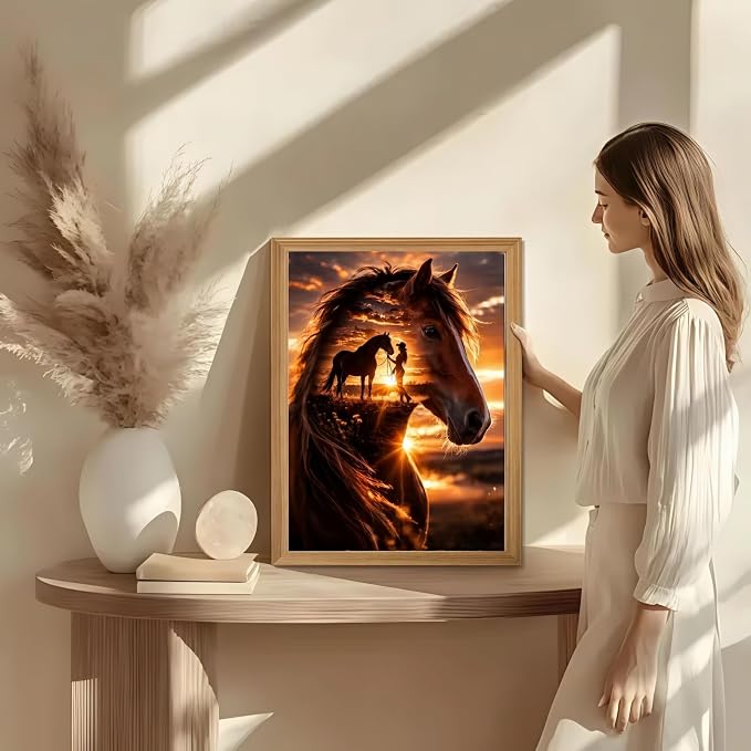 BYGFHLYW Horse Sunset Diamond Painting Kit for Adults, Diamond Art 12X16In | 5D Full Round Drill Diomond Dot Gem Painting for Country Farm Wall Decor Present