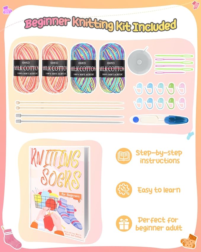 Katech Knitting Kit for Beginner Adults W/Socks Step-by-Step Instruction | 4 Pcs Socks Yarn Knitting Kit w/ Knitting Needles, Beginner Knitting Kit for Learn to Knit Sock Kits Gift Blue-orange