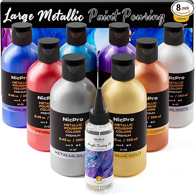 Nicpro 8 Colors 8.45oz Large Volume Metallic Acrylic Pour Paint Kit
