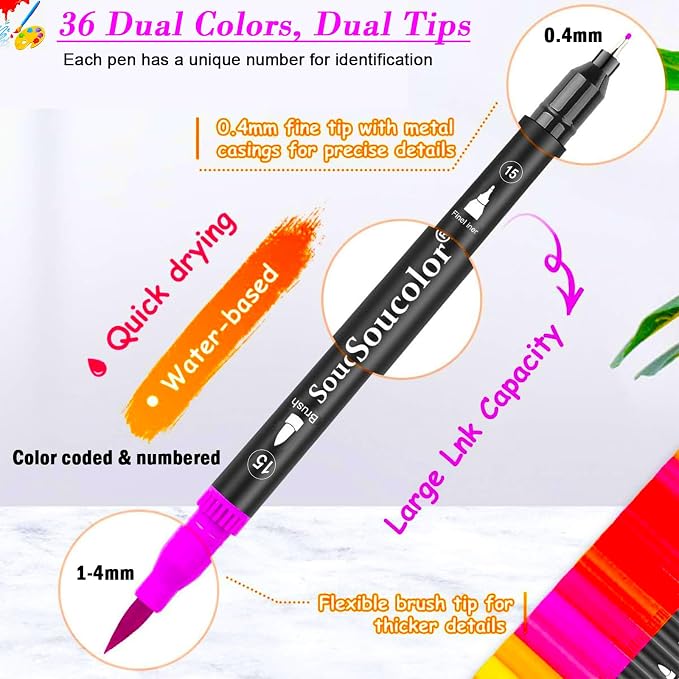 Soucolor 36 Dual Tip Brush Markers, Water-Based Art Pens, Adult Coloring | 36 Color Dual Tip Markers with Brush & Fine Point for Adult Coloring Books, Hand Lettering, Journaling & Drawing Pens