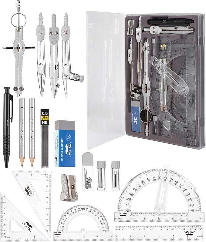 Mr. Pen- Geometry Set, 15 pcs, Light Grey, 6 Inch Swing Arm Protractor | Divider, Set Squares, Ruler, Compasses and Protractor
