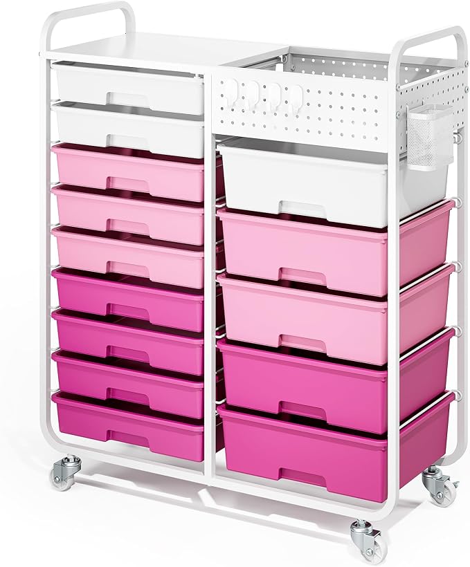 14 Drawer Rolling Storage Cart with Tabletop and Pegboard for Crafts Pink | Easy Setup, Large Capacity, Sturdy Build, Smooth Mobility, For classroom, office and dorm supplies