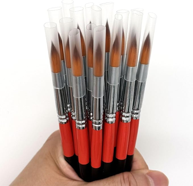 Size #6 Pointed Round Paint Brush Set of 16, Premium Taklon Synthetic Hair | No Shedding Bristles for Acrylic Watercolor Oil Gouache Tempera Enamel Ink Painting for Students, Professionals & Artists