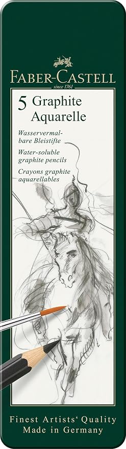 Faber-Castell 5 Piece Quality Water-Soluble Graphite Aquarelle Pencils in a Tin, Including HB, 2B, 4B, 6B and 8B, Grey