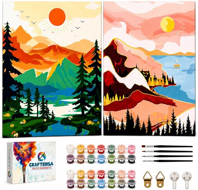Craftensa 2 Pack Pre-Framed Paint by Numbers Kit for Adults & Beginners, 16x20 inches Landscape Canvases, DIY Acrylic Painting Set, Ready to Hang Wall Decor, Relaxing Creative Gift for Women & Men