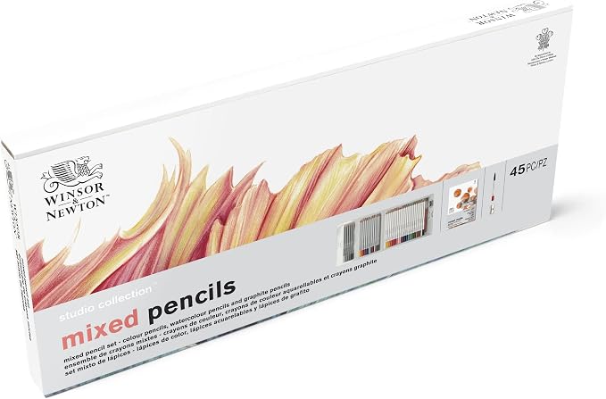 Winsor & Newton Studio Collection, Mixed Pencil Box Set, 45 piece | 24 Watercolor Pencils, 12 Color Pencils & 6 Graphite Pencils; Includes Watercolour Brush, Sharpener & Paper Pad