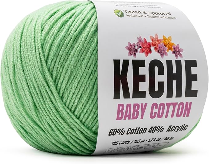 Keche Baby Cotton, 60% Cotton 40% Acrylic Yarn, Soft Cotton Yarn for Crochet and Knitting, Amigurumi Yarn 1 Skein/Ball 1.76 Oz (50g) / 180 Yrds (165m) - Mint Green