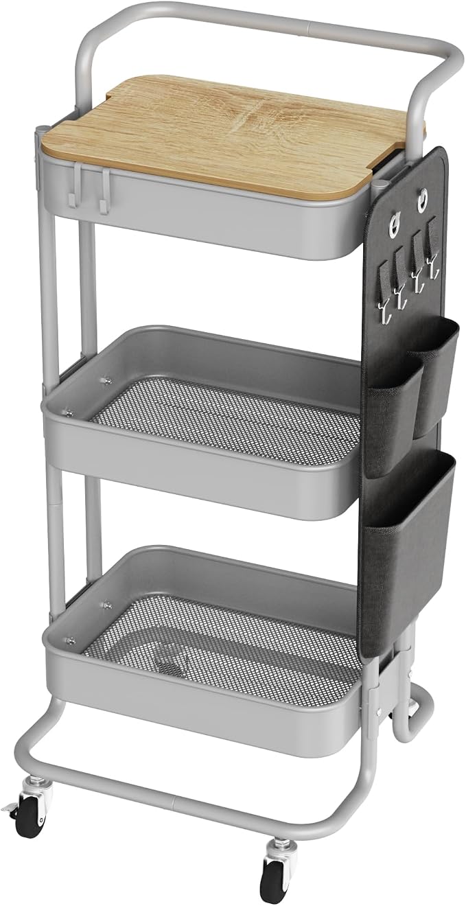 DTK 3-Tier Rolling Cart with Table Top, Metal Utility Cart with Side Bags