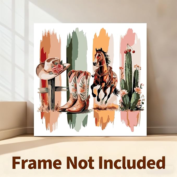 Gemozaic Western Paint by Numbers Kit for Adults, 16 x 16 INCH, Unframed | Adult's Paint by Number for Adult, Horse, Cowboy Boots, Hat, Cactus, DIY Acrylic Numbers Painting for Home Wall Decor, Gift