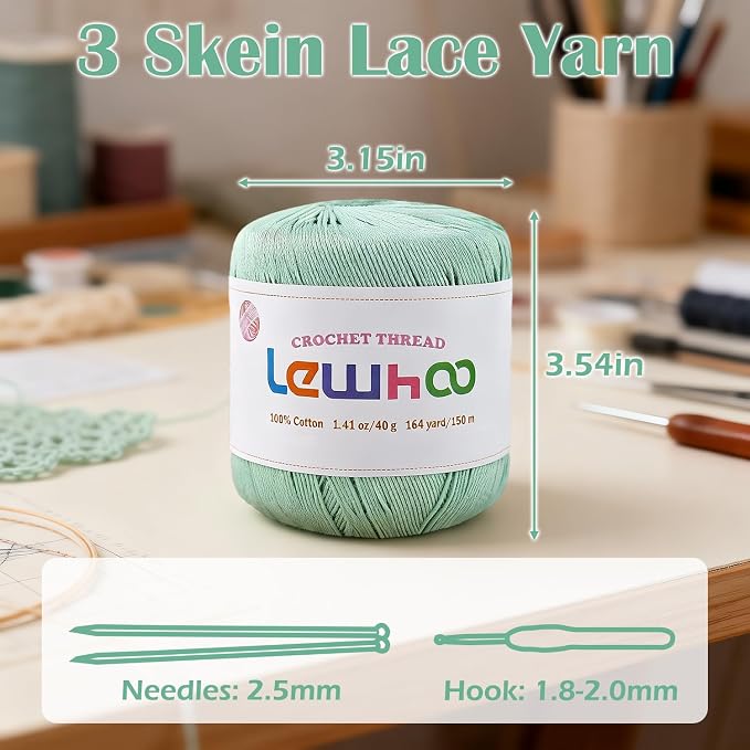 Crochet Thread Size 3, 3 Pearl Yarn Balls for Crocheting Sage Green