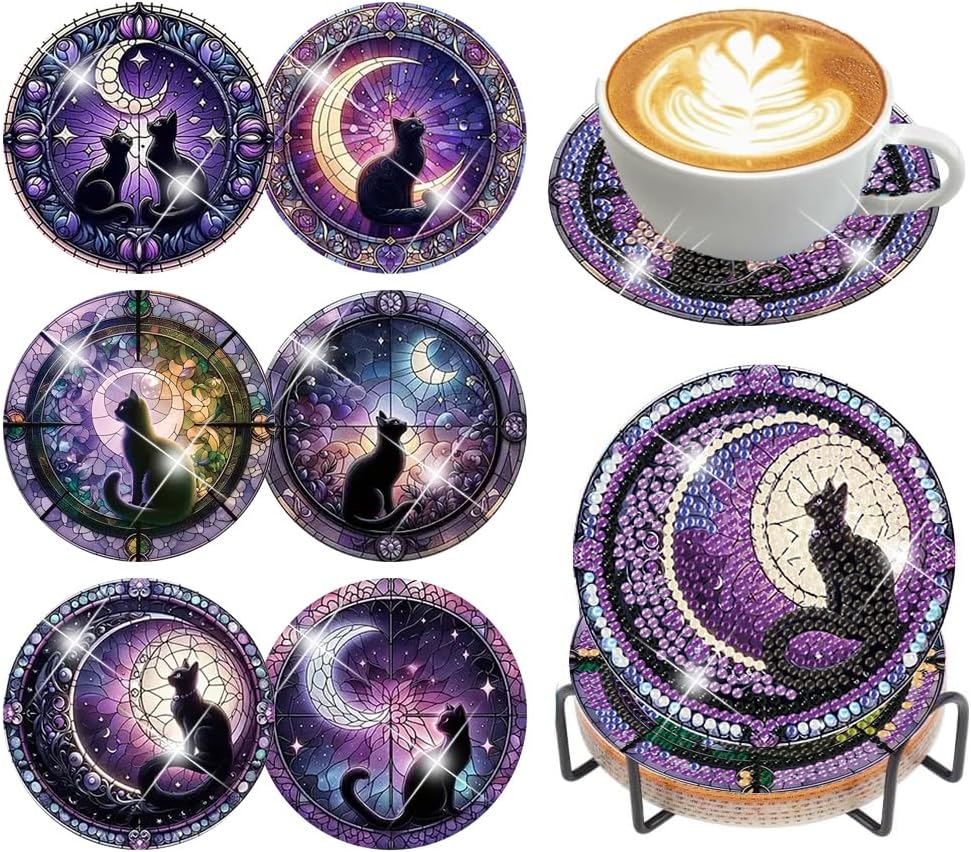 Diamond Art Coasters Kit, 6 Pieces Cat Diamond Painting Coasters Kit