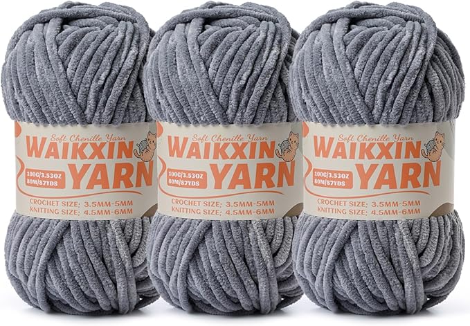 （3 Grey） 3 Pack Super Soft Fuzzy Chenille Chunky Yarn for Crocheting, 300g (261yds) Velvet Fluffy Amigurumi Yarn for Hand Knitting Baby Blankets Weaving Craft