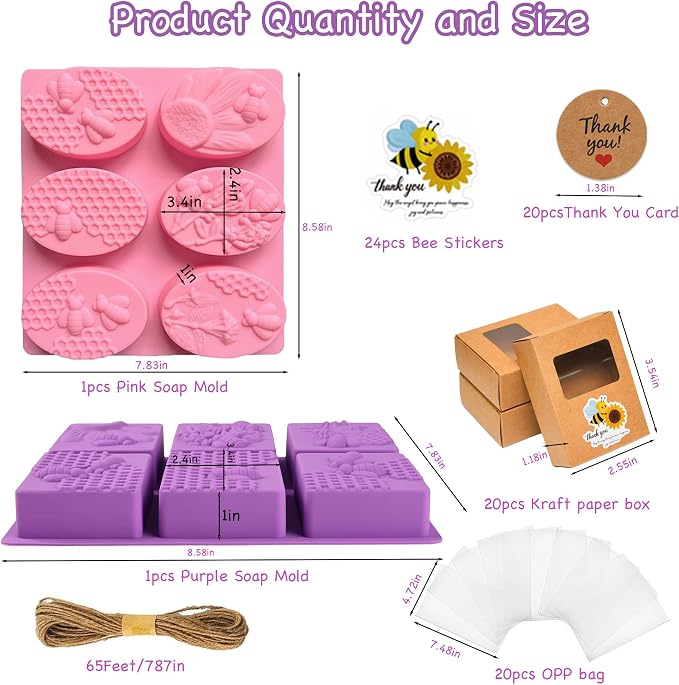 87 pcs Soap Making Kit with 2 Pack Bee Silicone Soap Molds, 20Gift Bags, 20 Tags,20 Paper Boxes, 24 pcs bee Stickers,65ft Jute Twine Craft Set for DIY Handmade Soaps Suitable for All Enthusiasts