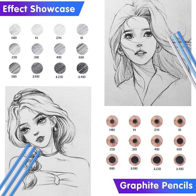 12 Graphite Pencils Professional Sketching Drawing Set,No Duplicates | 14B(soft) to H(hard),Charcoal Pencils,Art Supplies for Sketching Shading Blending, Gifts for Artists Adults Beginners