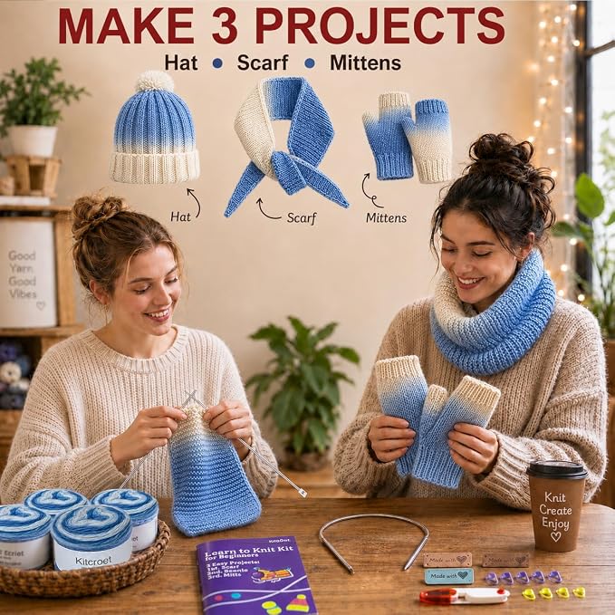 Knitting Kit for Beginners, Complete Starter Kit for Scarf, Hat, Gloves | Kitcroet Knitting Kit Video Tutorials & Written Guide; 2 Types of Needles & Knitting Accessories; 25% Extra Yarn Included
