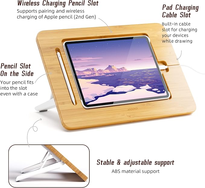 AFOOYO Wooden Tablet Drawing Stand - Adjustable 5 Angles for Laptop,Book Reading Stand, Compatible with 12.9/13inch iPad Pro with iPad Case Version(3rd - 7th Gen)
