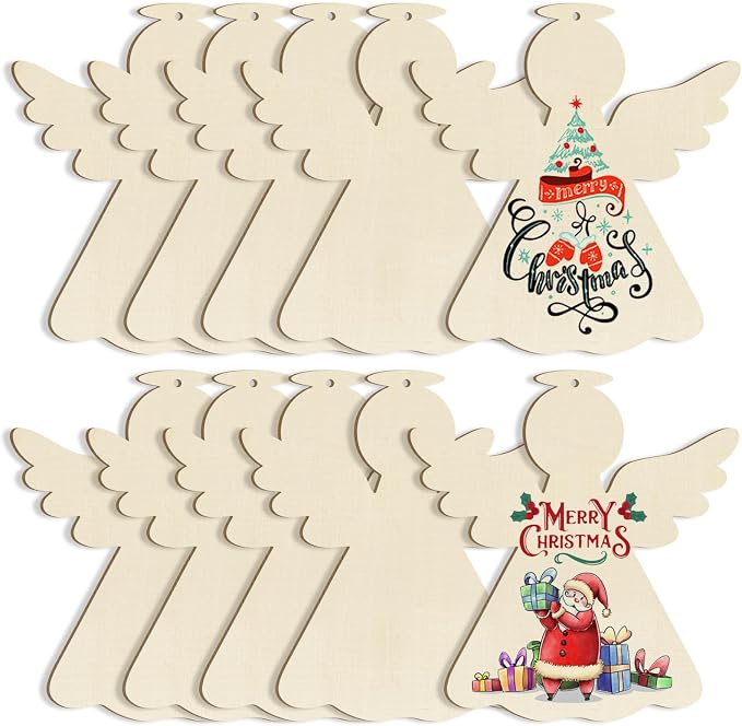 Large Christmas Wooden Ornaments to Paint 10Pcs, DIY Blank Unfinished Angel Wood Cutout Ornament for Crafts Hanging Decorations, Thanksgiving Wedding Birthday Party Decoration