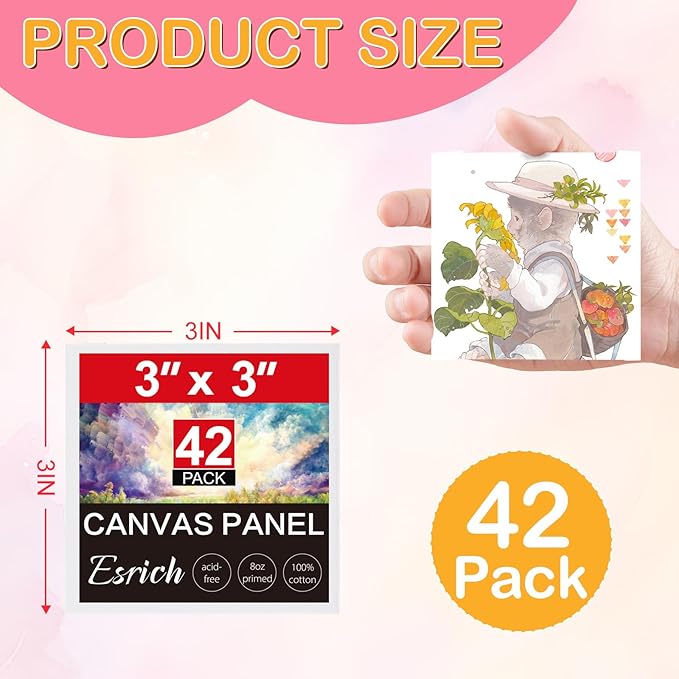 ESRICH 3x3IN Small Canvases for Painting, 42 Pack Mini Canvas Boards Cotton Painting Canvas Primed Acid Free Mini Blank Canvas Panels for Oil Paint,Watercolor,Acrylic Paint,Gouache&Tempera.