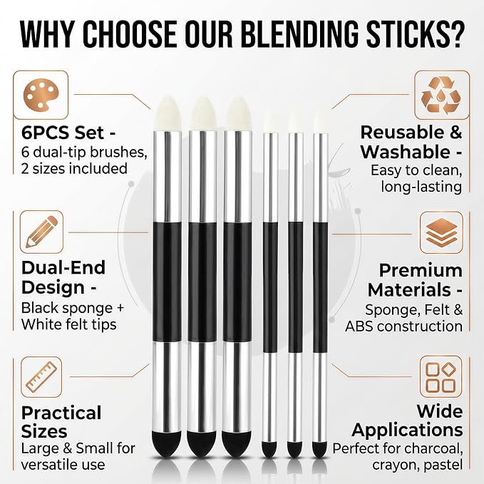 6 Pcs Artist Blending Sponge Pens Dual Tip,Reusable Washable Blending Tools for Oil Pastels,Colored Pencils,Drawing,Sketching,Highlight & Shadow Detail