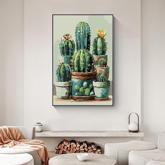 Cactus Framed Paint by Numbers Kit for Adults Beginner & Kids Ages 8-12 | With Frame Canvas 8x12 inch, DIY Acrylic Painting by Numbers Cactus Plant, Stress Relief Craft Kits, Home Wall Decor Gift