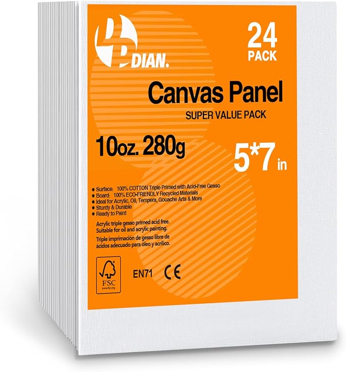 Canvas Boards for Painting 5x7 Inch, 24-Pack Bulk Canvas Value Pack - Art Supplies Blank Paint Canvas Panels for Acrylic, Oil, Watercolor, Tempera, Gouache