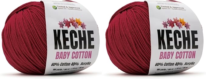 Keche Baby Cotton, 60% Cotton 40% Acrylic Yarn, Soft Cotton Yarn for Crochet and Knitting, Amigurumi Yarn 4 Skeins/Balls [1.76 Oz (50g) / 180 Yrds (165m)] x 2 Crimson RED