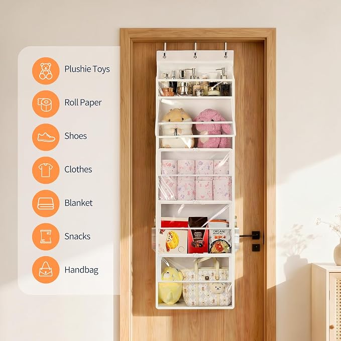 Yecaye Hanging Yarn Storage Organizer with 5 Zippered Closure Compartments, Heavy Duty Stuffed Animal Storage with Clear PVC, Dustproof Yarn Holder for Crocheting Storage, Ivory 5 Tier