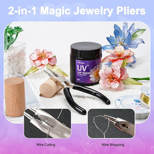 Teexpert UV Resin Dip for Wire Flowers Kit, 100g Crystal Clear UV Dip Resin with Pliers, 2Pcs 31FT Wires for Wire Shapes, Fast Cure Thick Glue for Jewelry Making, Holiday Surprise for DIY Art Crafts