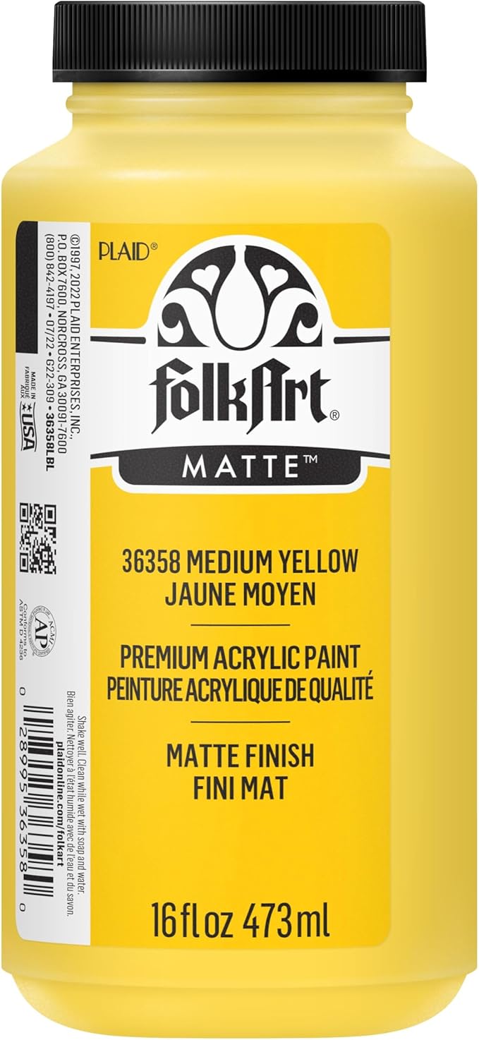 FolkArt Acrylic Craft Paints, Medium Yellow 16 fl oz Premium Matte Finish Paint, Perfect For Easy To Apply DIY Arts And Crafts, 36358