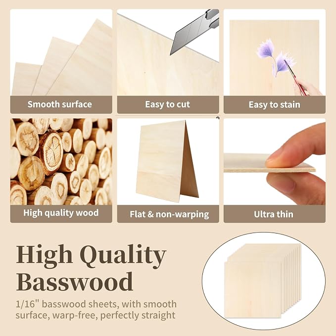Balsa Wood, Plywood Sheet, Unfinished Basswood Blanks, 12×18×1/8 in, 5 Pcs | for Laser Cutting, Engraving, Burning, Crafts, Paint; Smooth and Polished, No Burrs, Wood Craft Supplies
