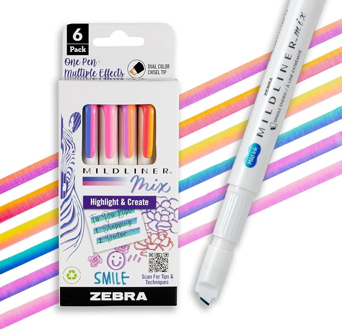 Zebra Pen MILDLINER Mix No Bleed Highlighter, Assorted, Chisel Tip, 6-Pack | Dual Color Marker Highlighter, Ideal for Bible Highlighting, Journaling, Note-Taking, School and Office Supplies (77706)
